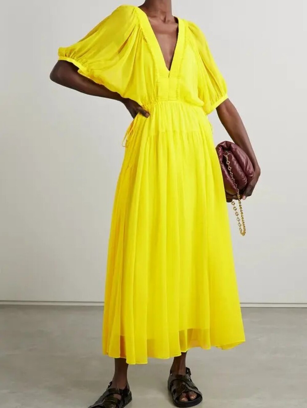 La Ligne Constance Shirred Silk Chiffon Midi Bright Yellow V-Neck Dress Size L